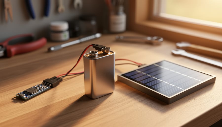 Close-up 45-degree view of a 9-volt battery with snap leads beside a small solar panel and sensor module on a sunlit workbench, with tools and a window softly blurred in the background.