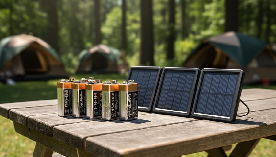 Camping LED lantern and rechargeable 9-volt battery with small solar panel in outdoor setting