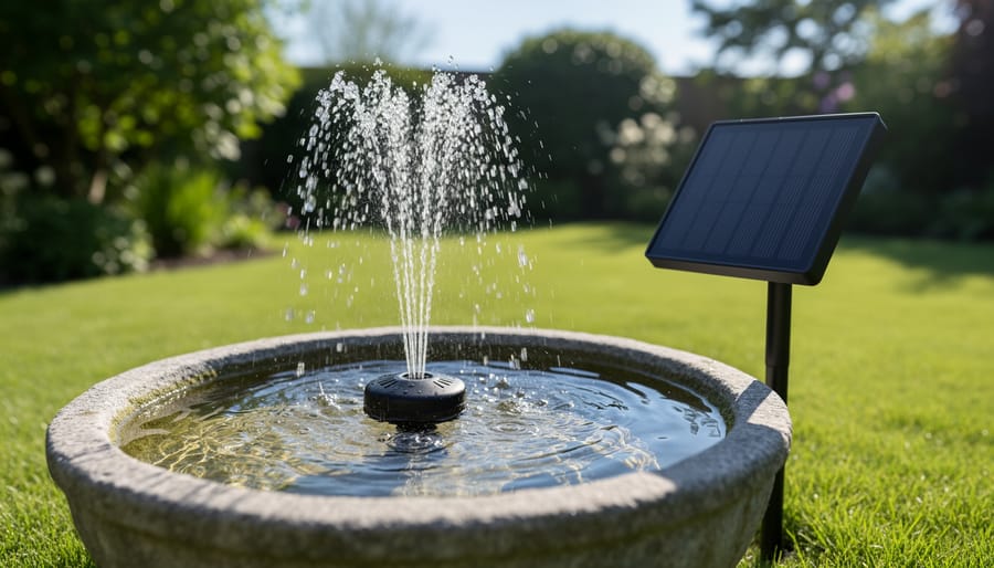 Solar fountain pump in a stone birdbath creating a gentle spray, powered by a nearby angled solar panel in direct sunlight, with a softly blurred backyard and trees in the background.