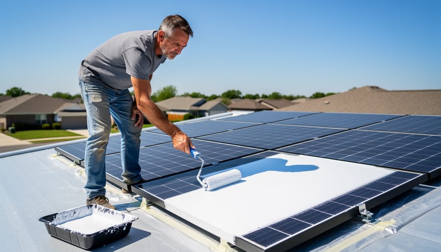 Person applying white elastomeric roof coating with brush during DIY application