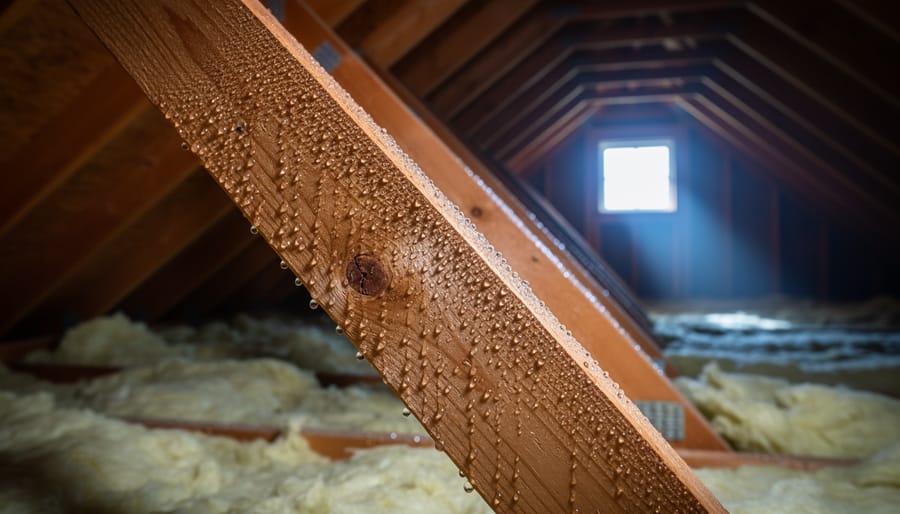 Water droplets condensing on wooden attic rafters and roof decking