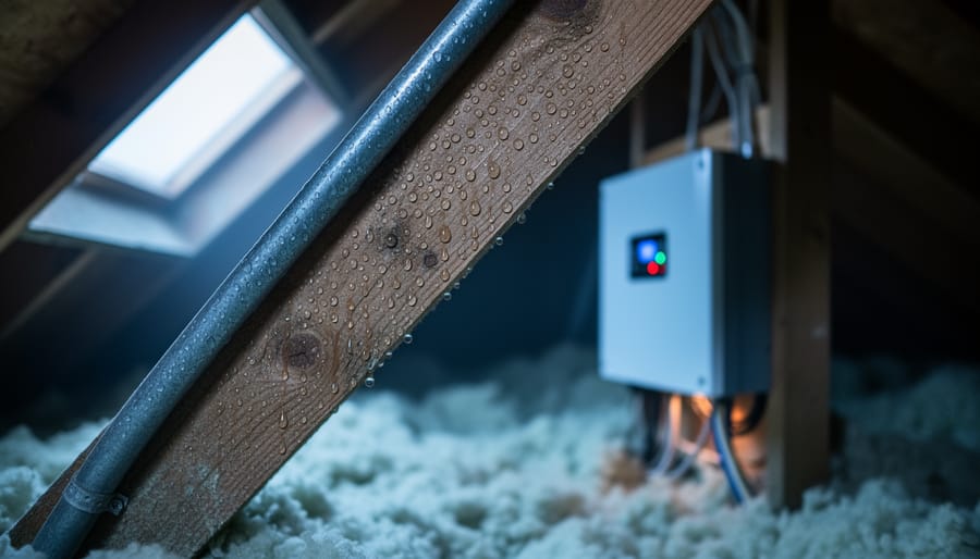 Close-up in an attic showing water droplets on a wooden rafter and metal conduit next to an unbranded wall-mounted solar inverter and battery, with cool daylight and blurred insulation and rafters behind.