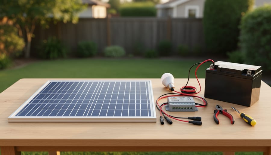 Basic solar panel system with charge controller and battery showing clean wiring connections
