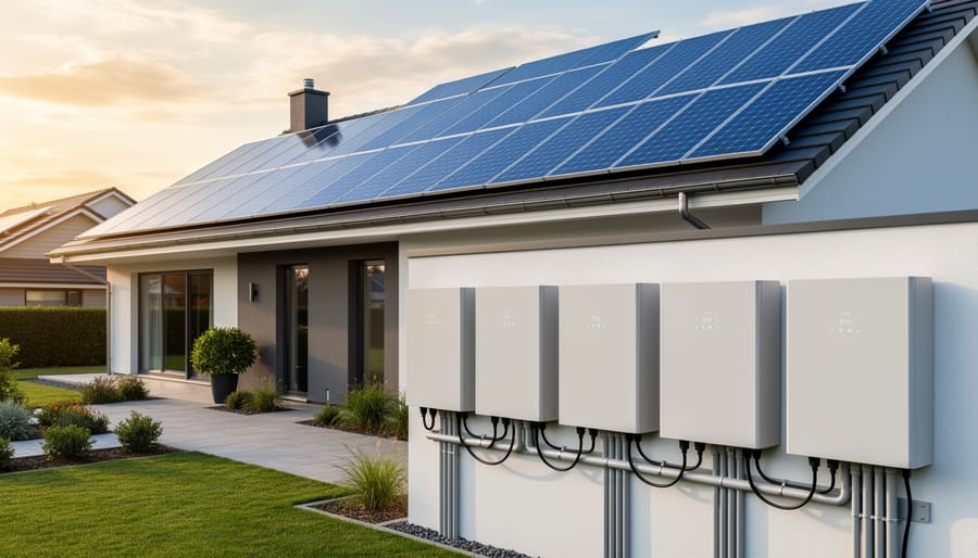 Close-up of lithium battery cell next to solar panel showing terminals and metallic casing