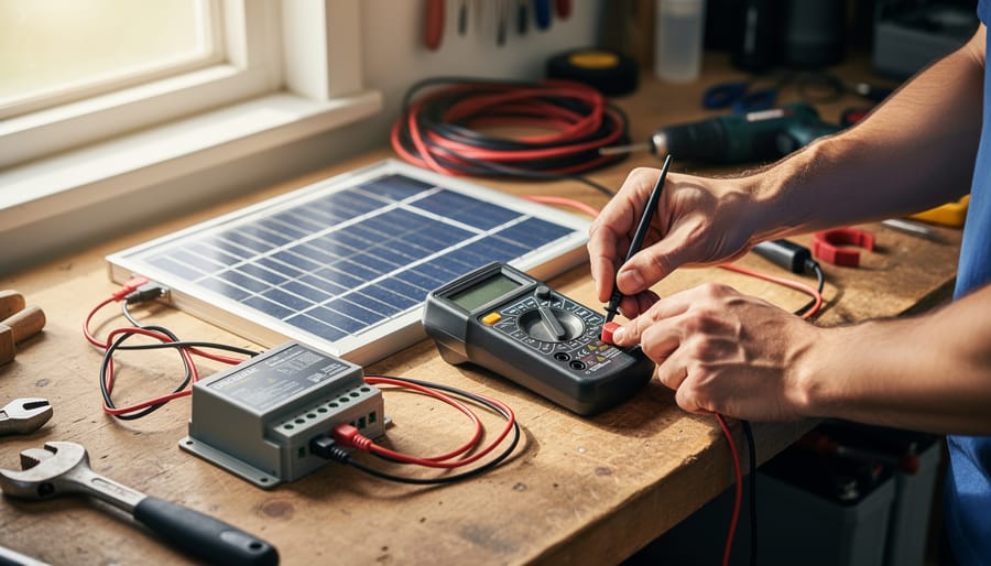 Close-up of hands measuring a small off-grid solar setup with a digital multimeter on a wooden workbench, including a compact solar panel, charge controller, 12-volt battery, and neatly routed red and black wires, softly lit with blurred tools in the background.