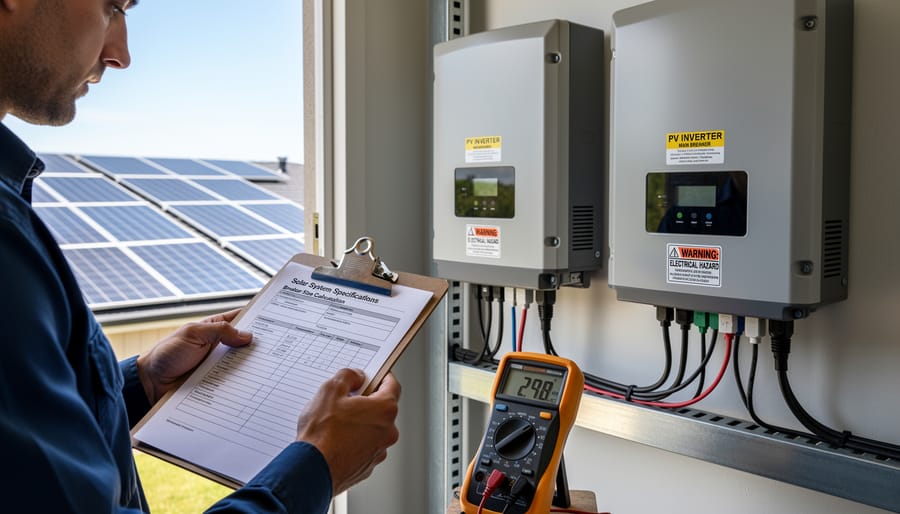 Person calculating circuit breaker specifications with solar inverter documentation