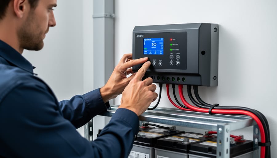 Hands adjusting solar charge controller settings with battery bank in background