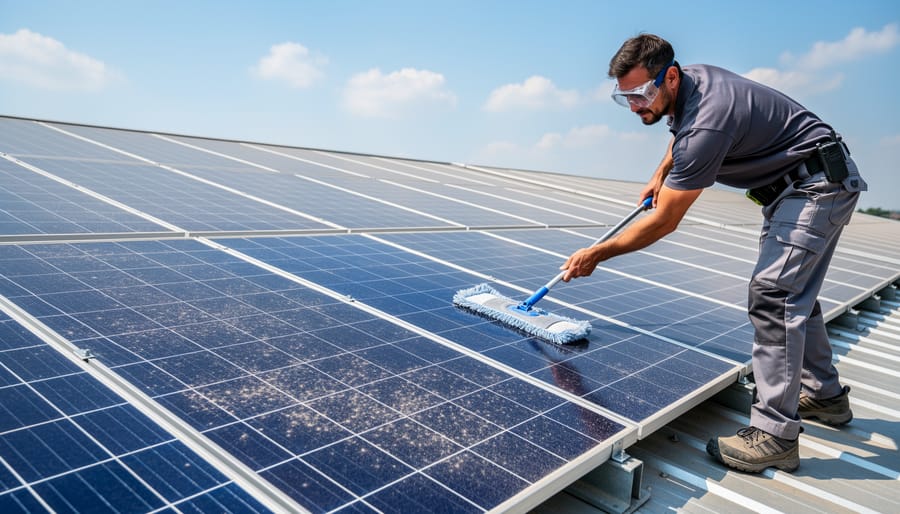 Person cleaning solar panel with microfiber cloth during routine maintenance