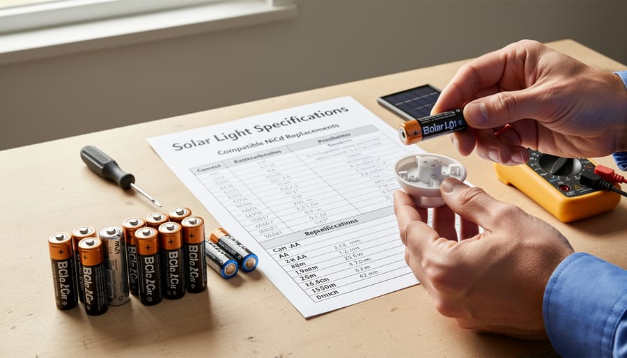 Hands comparing different sized rechargeable batteries for solar light compatibility