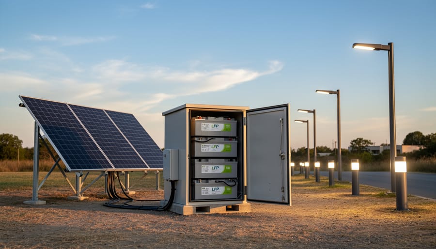 Complete solar lighting system with panel, LFP battery enclosure, and LED fixture mounted on fence