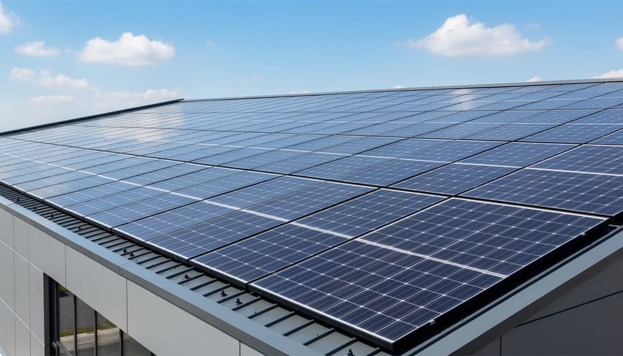 Aerial view of residential solar panel installation with white UV roof coating applied