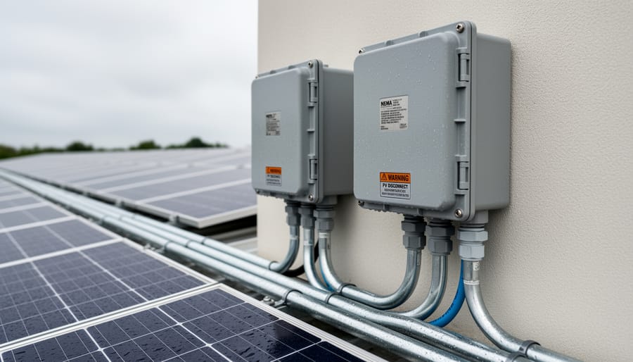 Electrician installing PVC conduit into weatherproof junction box for solar installation