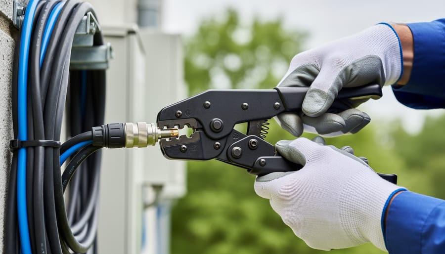 Close-up of hands crimping MC4 connector onto solar panel cable