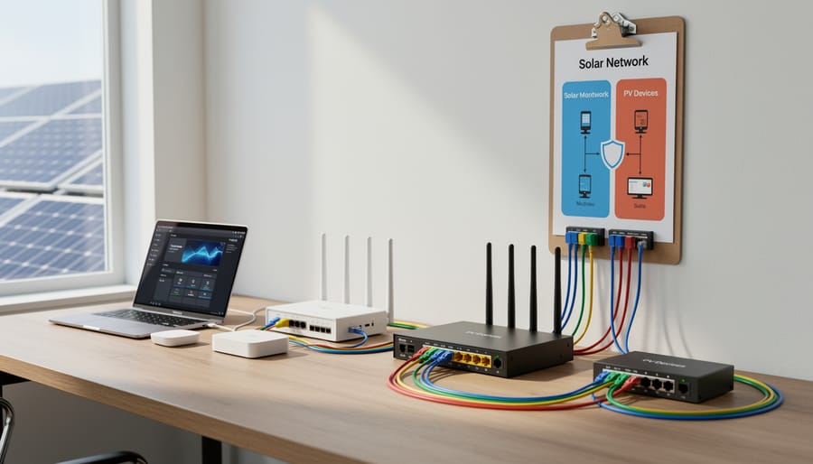Network router with connected cables next to solar monitoring equipment on desk