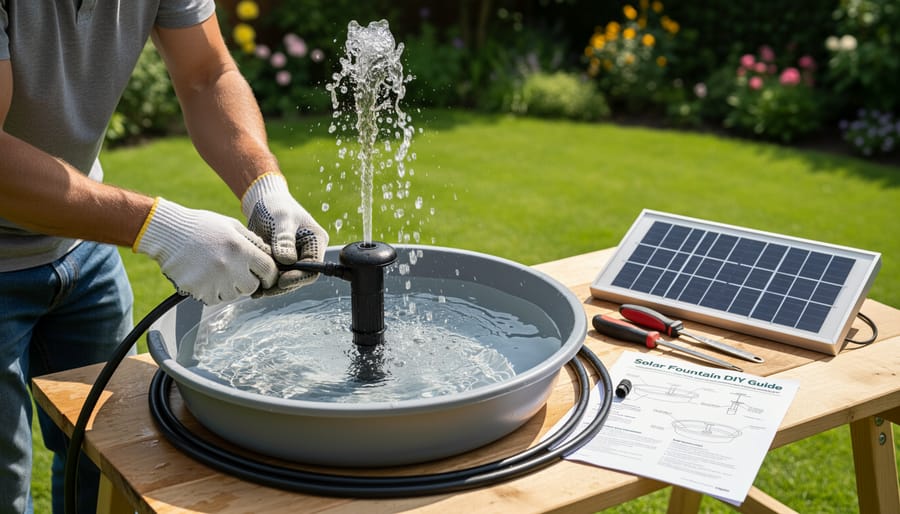 Person's hands assembling solar fountain components on workbench