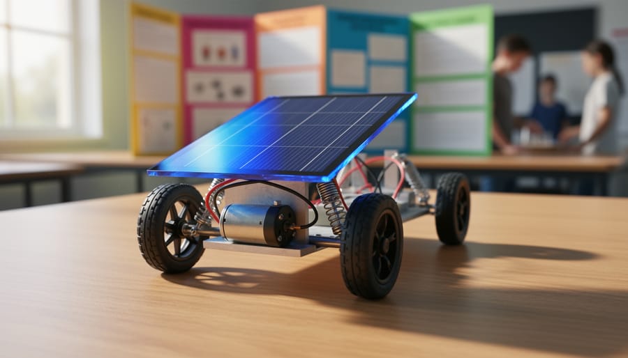 DIY solar-powered toy car with a small blue solar panel and alligator-clip wires on a tabletop, photographed slightly from above in natural window light, with blurred trifold science fair boards in the background.
