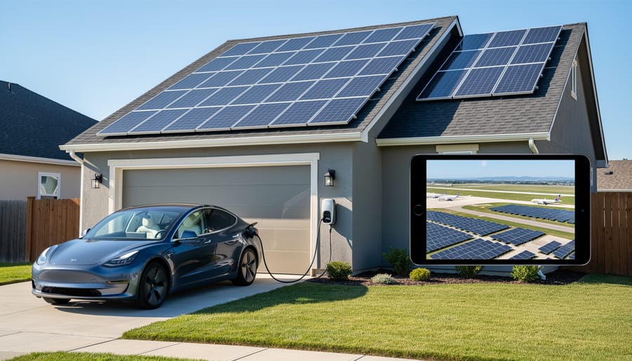 Residential solar panels on roof with electric vehicle charger on garage wall