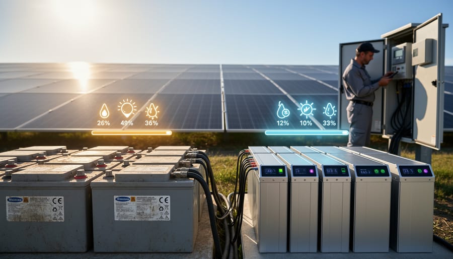 Side-by-side comparison of lead-acid and lithium batteries on workbench