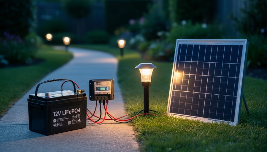 LiFePO4 battery connected to an MPPT charge controller and small solar panel powering a glowing pathway LED at dusk, with a softly blurred garden path and additional solar stakes in the background.
