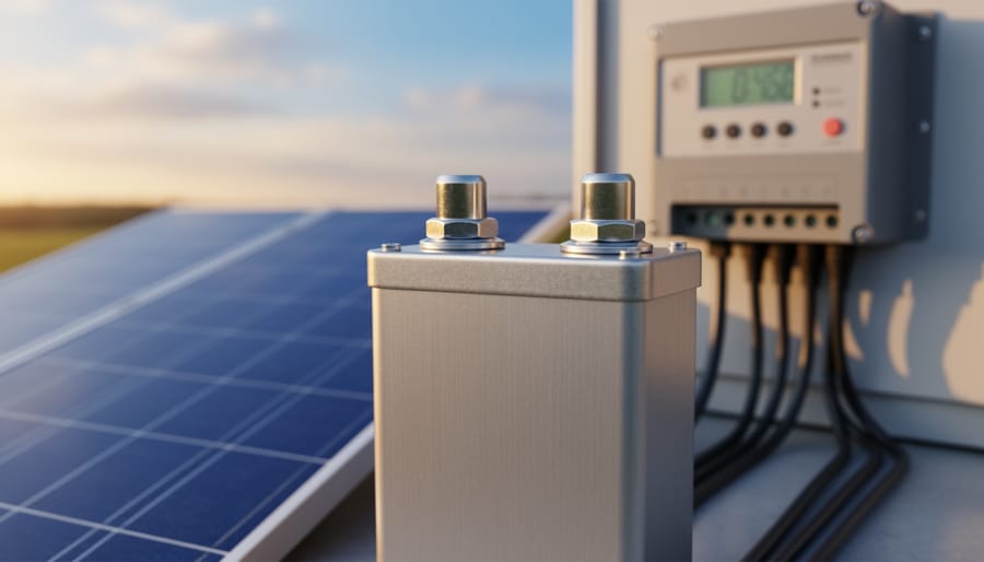 Close-up lithium iron phosphate battery cell with polished terminals next to a blue solar panel in warm side light, with a blurred charge controller and cables in the background.