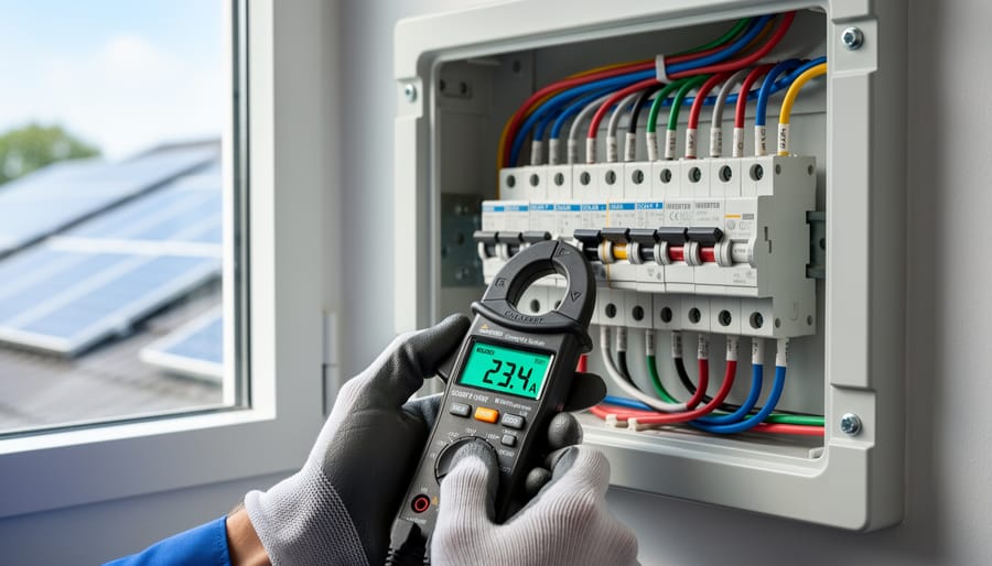 Electrician using clamp meter to measure electrical current on cable