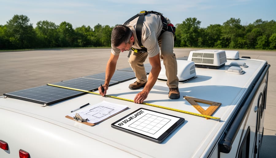 Person measuring RV roof space with tape measure for solar panel installation
