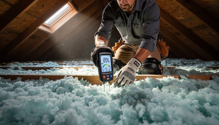 Hand holding moisture meter against damp attic insulation to detect condensation