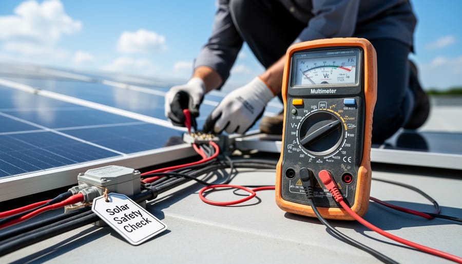 Digital multimeter testing solar panel wiring connections with probes
