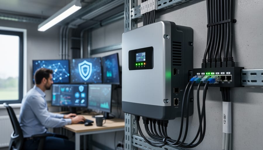 Smart solar charge controller with network cables and LED indicators mounted on wall