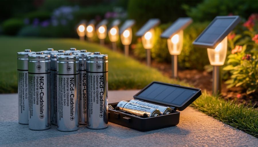 NiCd rechargeable batteries next to solar garden light on wooden deck