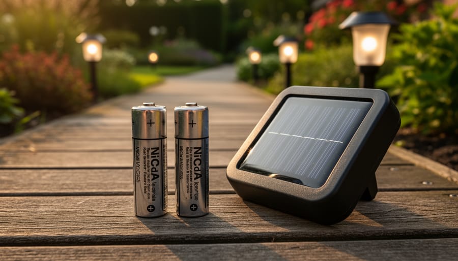 Two unbranded NiCd AA batteries next to an opened solar pathway light head with a small solar panel on a wooden deck at sunset, with a blurred garden path and more solar lights behind.