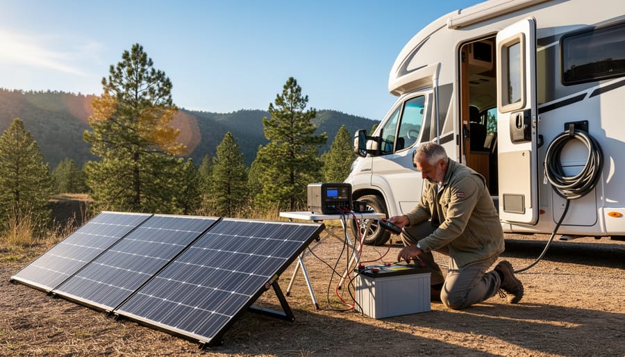 Solar panels installed on RV roof against blue sky showing optimized positioning