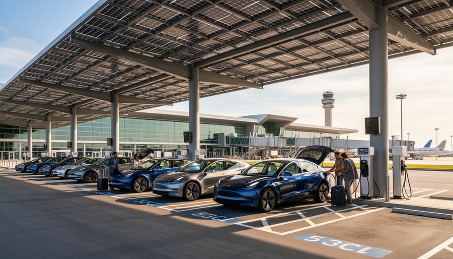 Solar panel canopy covering electric vehicle charging stations at Orlando airport parking area