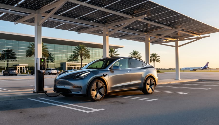 Electric SUV plugged into a charger beneath solar-panel canopies in Orlando International Airport long-term parking at sunset, with terminal building, palm trees, and a distant airplane visible in the background.