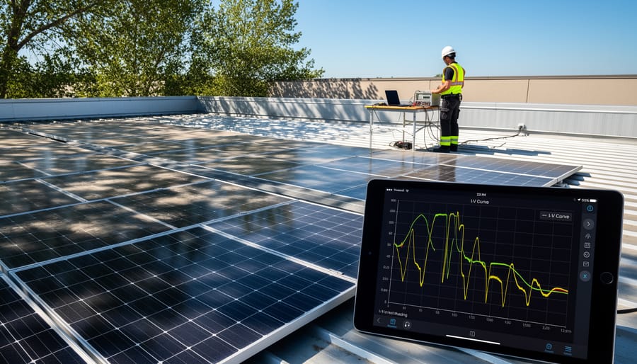 Solar panel array on residential roof with partial shadow from nearby tree