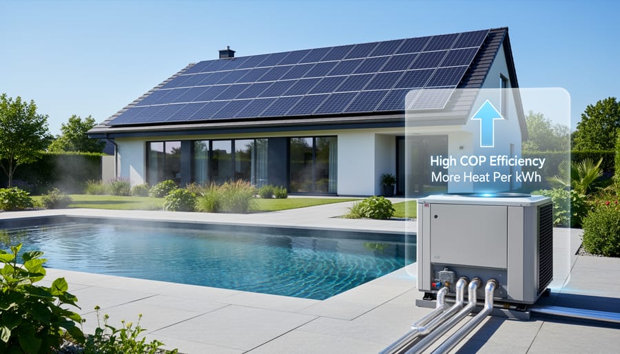 Pool heat pump unit installed beside residential swimming pool