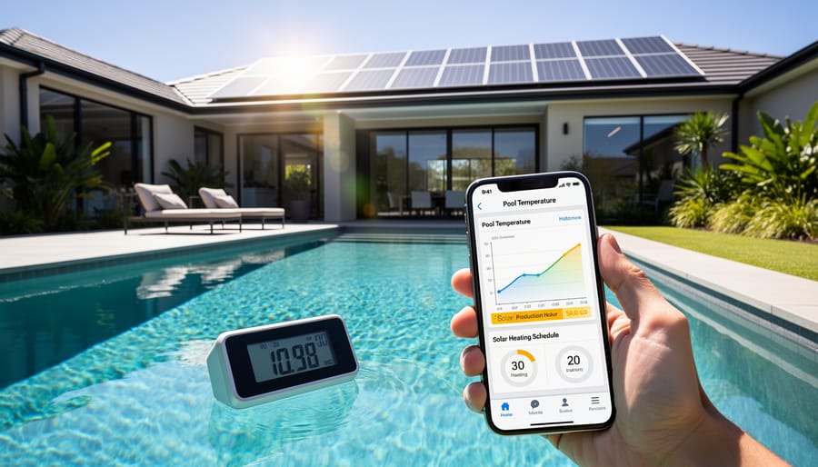 Person checking pool water temperature with digital gauge
