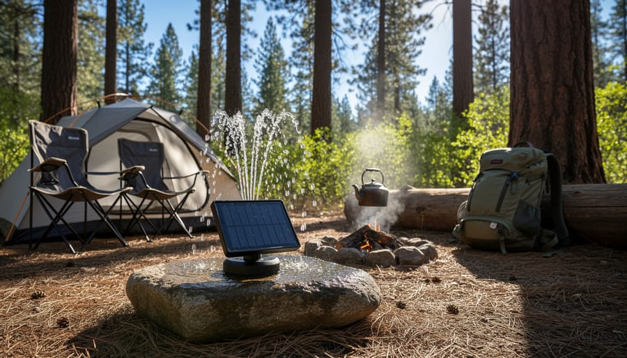 Portable solar fountain running at campsite with tent in forest background
