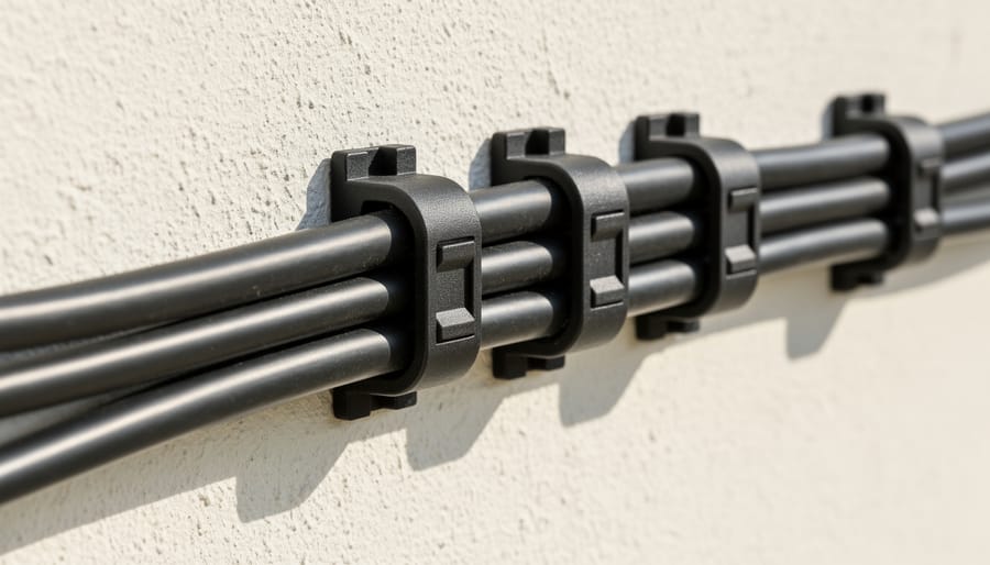 Solar panel wiring properly secured with cable clips along mounting rails