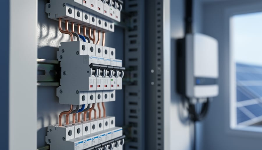 Close-up view of a QO-style surge protector breaker inside a residential electrical panel, lit by soft daylight, with a blurred solar inverter, conduit, and distant rooftop panels in the background; no visible branding or text.