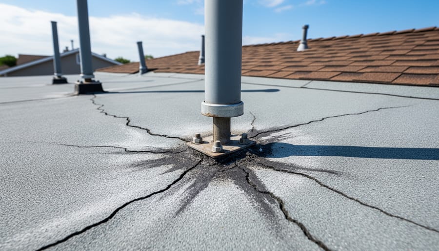 Close-up of weathered and cracked roof surface near solar panel mounting area