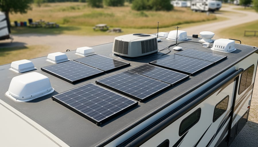 Solar panels installed on RV roof with vents and air conditioning unit