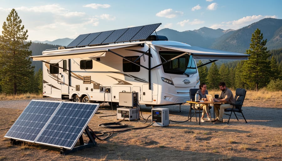 RV with roof-mounted solar panels parked at mountain overlook