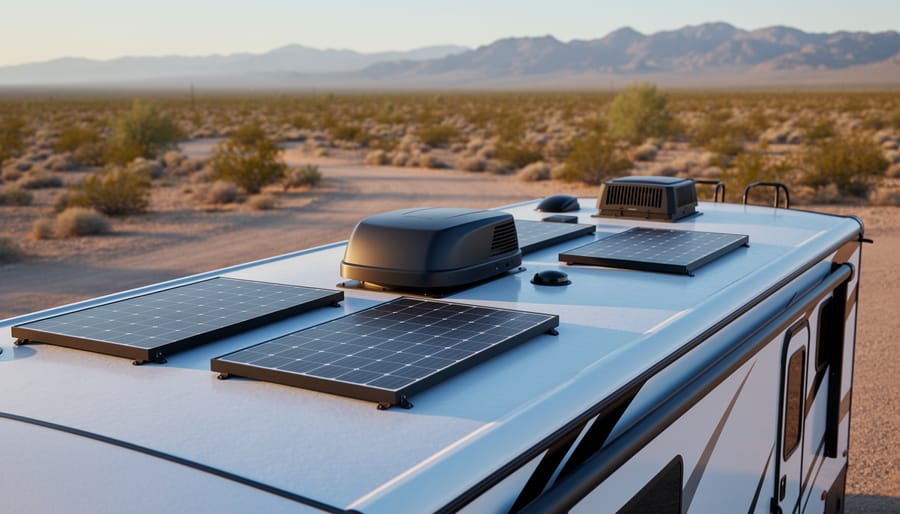 Angled view of an RV roof with three solar panels arranged around a rooftop AC and vents in warm golden-hour light, with a blurred desert campsite and distant mountains in the background.