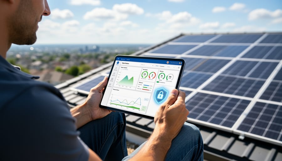 Person monitoring solar system remotely using tablet in front of rooftop solar panels