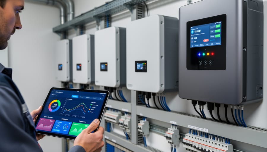 Smart solar inverter unit mounted on wall showing LED display and ventilation