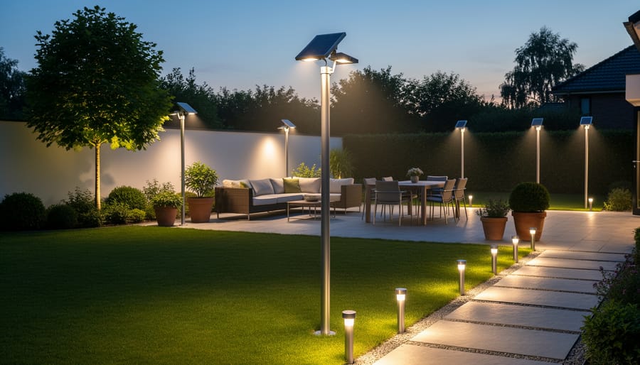 Solar area light fixture on pole illuminating backyard patio at dusk