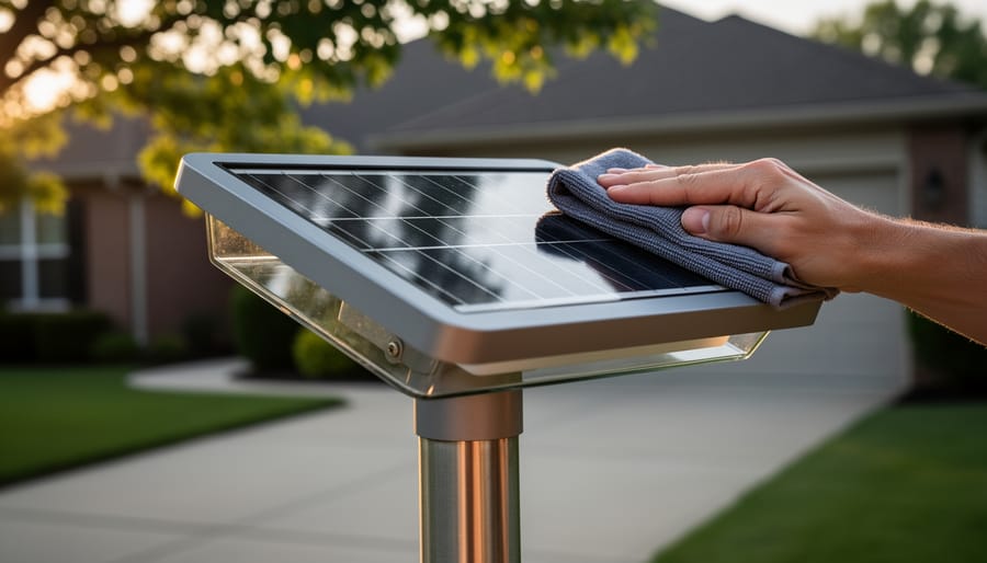 Close-up of a hand cleaning the solar panel on a pole-mounted solar area light near a driveway at golden hour, with house eaves and trees softly blurred in the background.