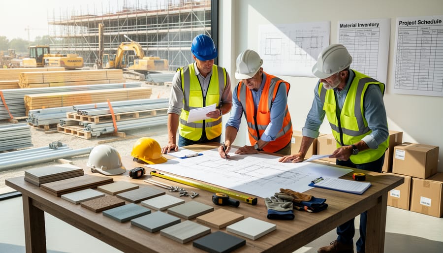 Overhead view of solar car building materials and tools organized on workbench