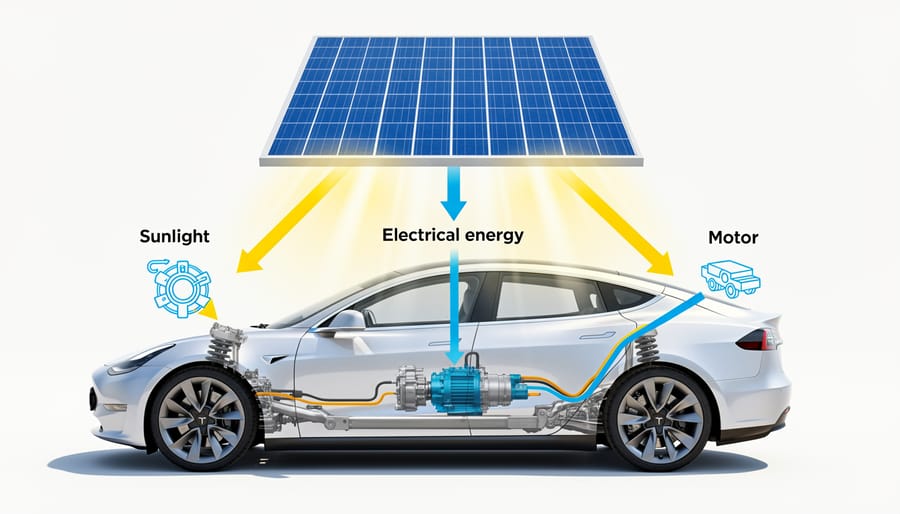 Close-up of small solar panel showing photovoltaic cells and electrical connections